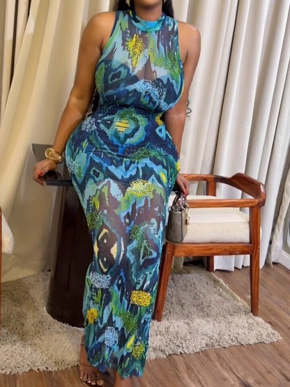 Blue-Green Abstract Print Sheer Sleeveless Turtleneck Maxi Dress