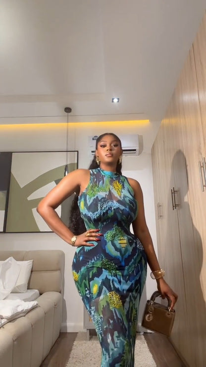 Blue-Green Abstract Print Sheer Sleeveless Turtleneck Maxi Dress