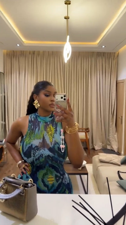 Blue-Green Abstract Print Sheer Sleeveless Turtleneck Maxi Dress