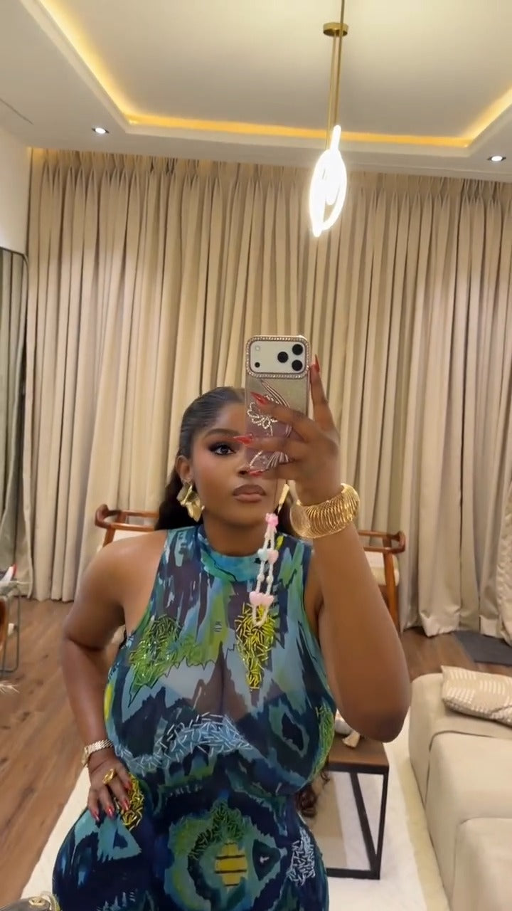 Blue-Green Abstract Print Sheer Sleeveless Turtleneck Maxi Dress