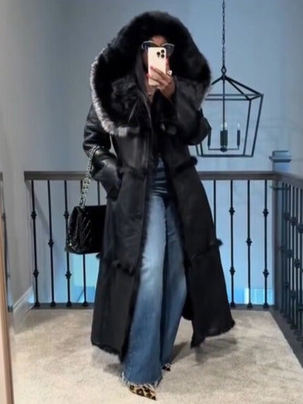 Black Faux Leather Long Hooded Coat With Faux Fur Trim