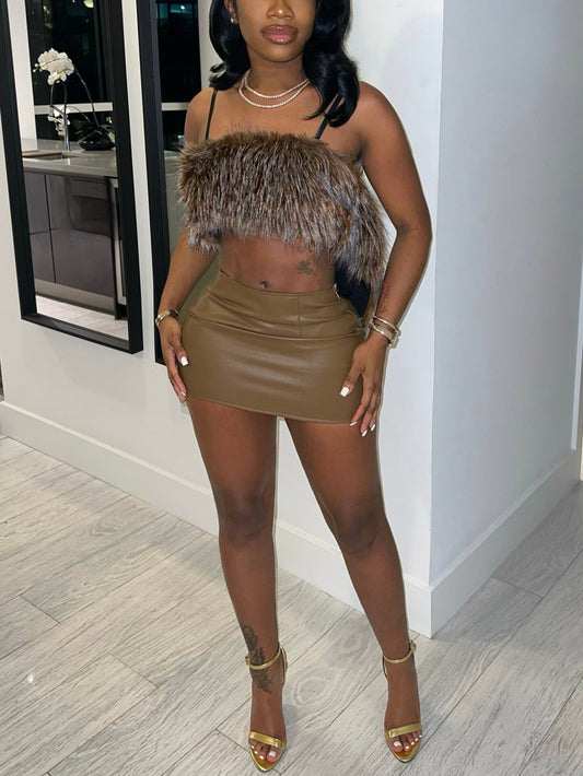 Brown Faux Fur Camisole And Faux Leather Mini Skirt Two Piece Set