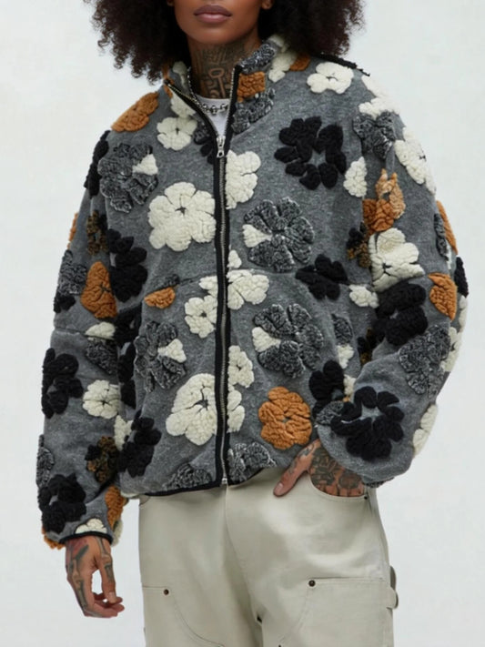 Lambskin Floral Textured Zip Coat