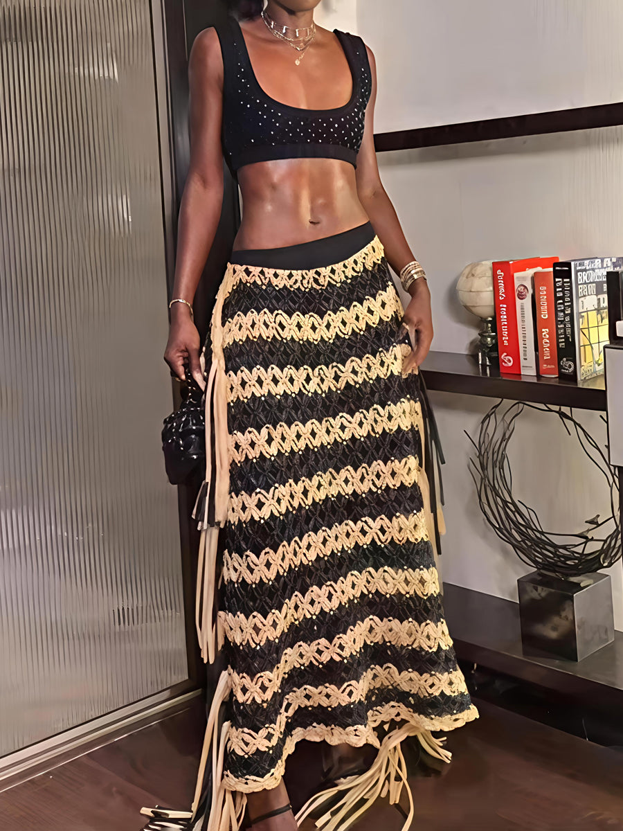 Knotted Fringe Striped Hand-made Maxi Skirt