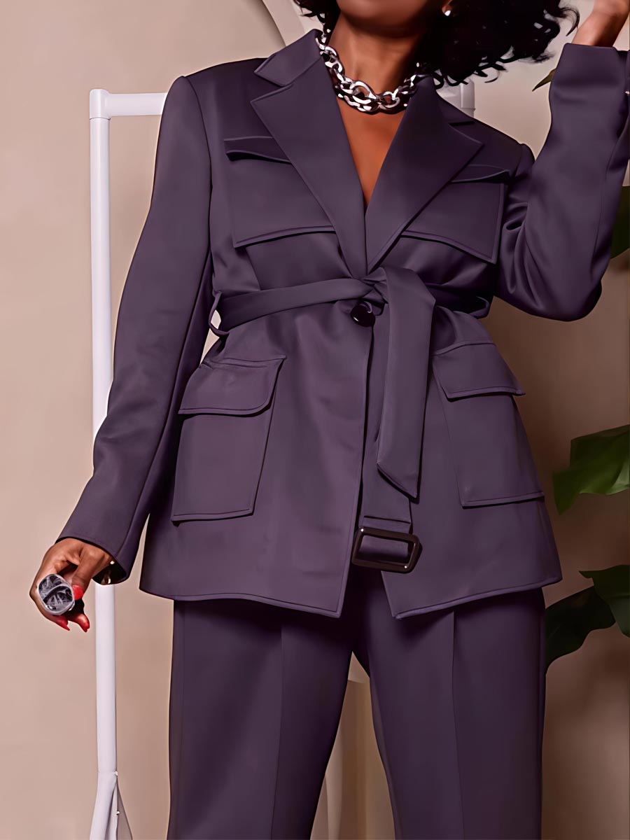 Fashion Pockets Belted Two Pieces Set