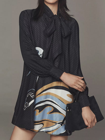 Adjustable Tie-neck Printed Loose Mini Dress