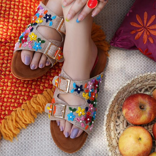 Embroidered Floral Buckle Slide Sandals
