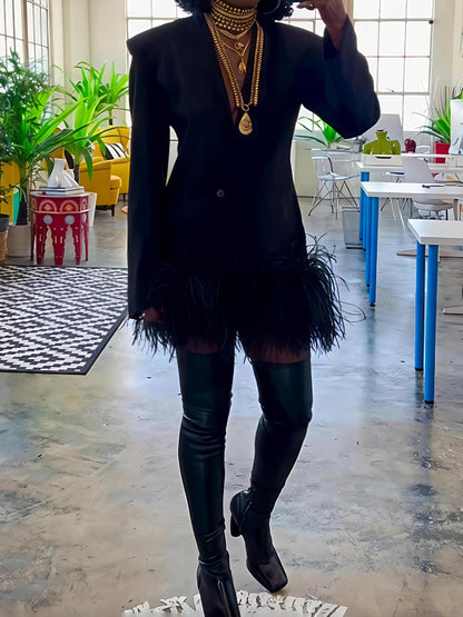 Feather Trim Button Front Blazer Dress