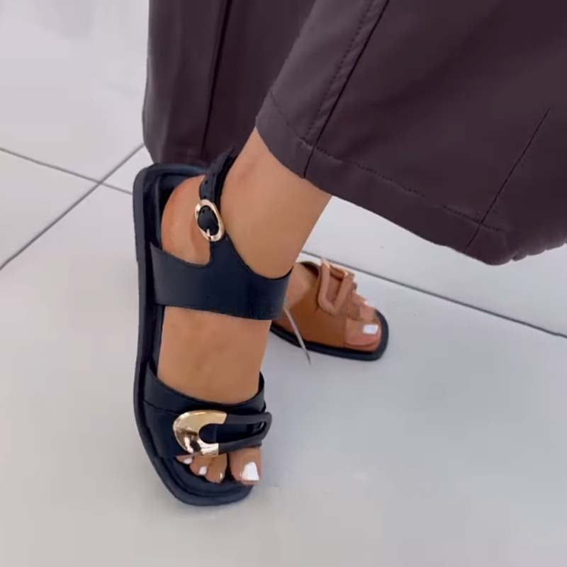 Metal Trim Square-toe Flat Sandals