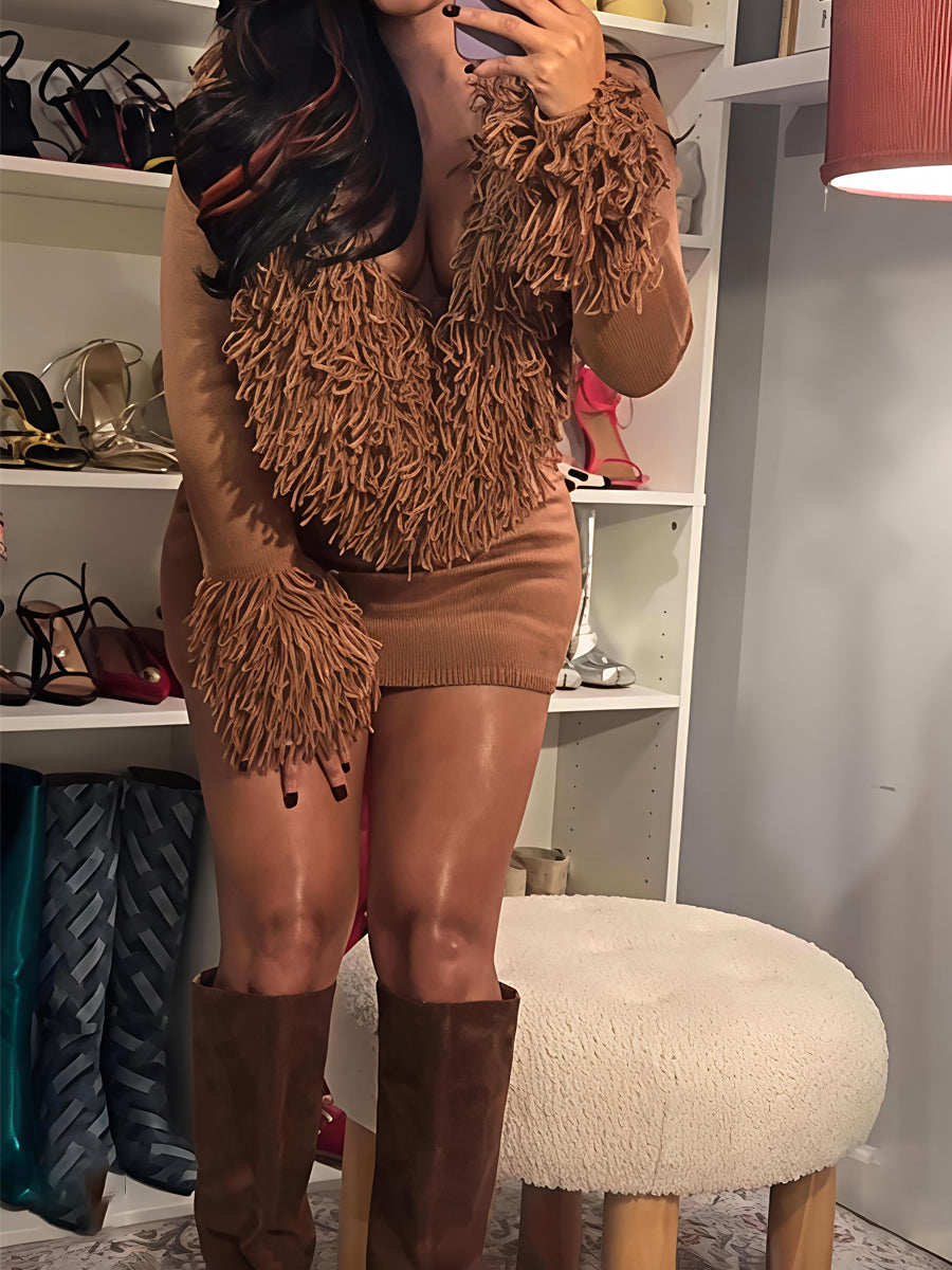 Deep V-Neck Sweater Mini Dress