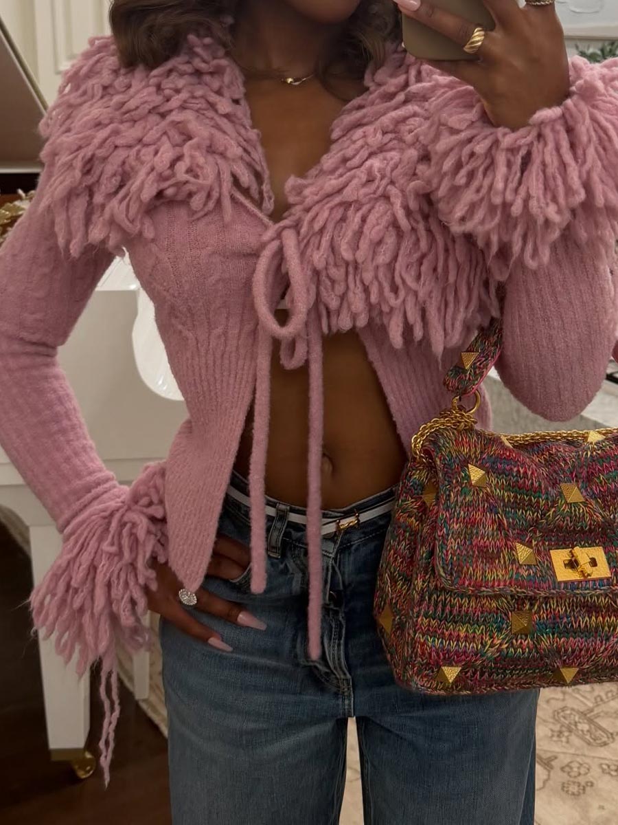 Knit Fringed Deep V Neck Top