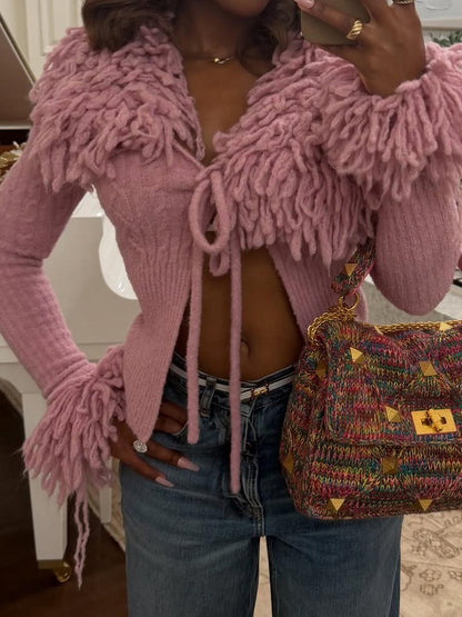 Knit Fringed Deep V Neck Top