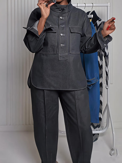 Denim Stand Collar Pockets Two Pieces Set