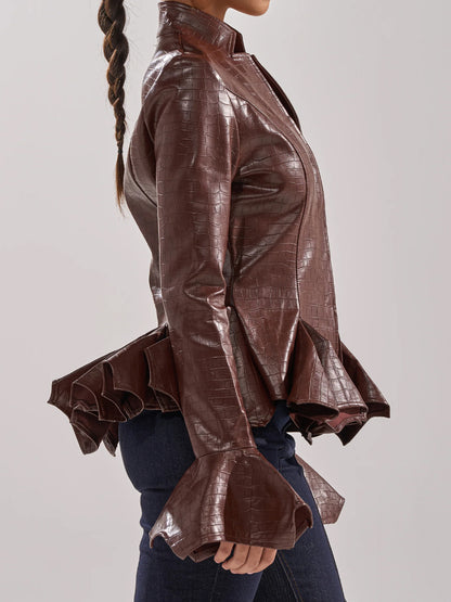 Faux Crocodile Leather Flared Cuffs Jacket