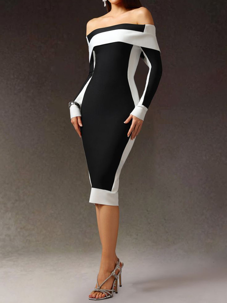 Off Shoulder Color Block Midi Dress