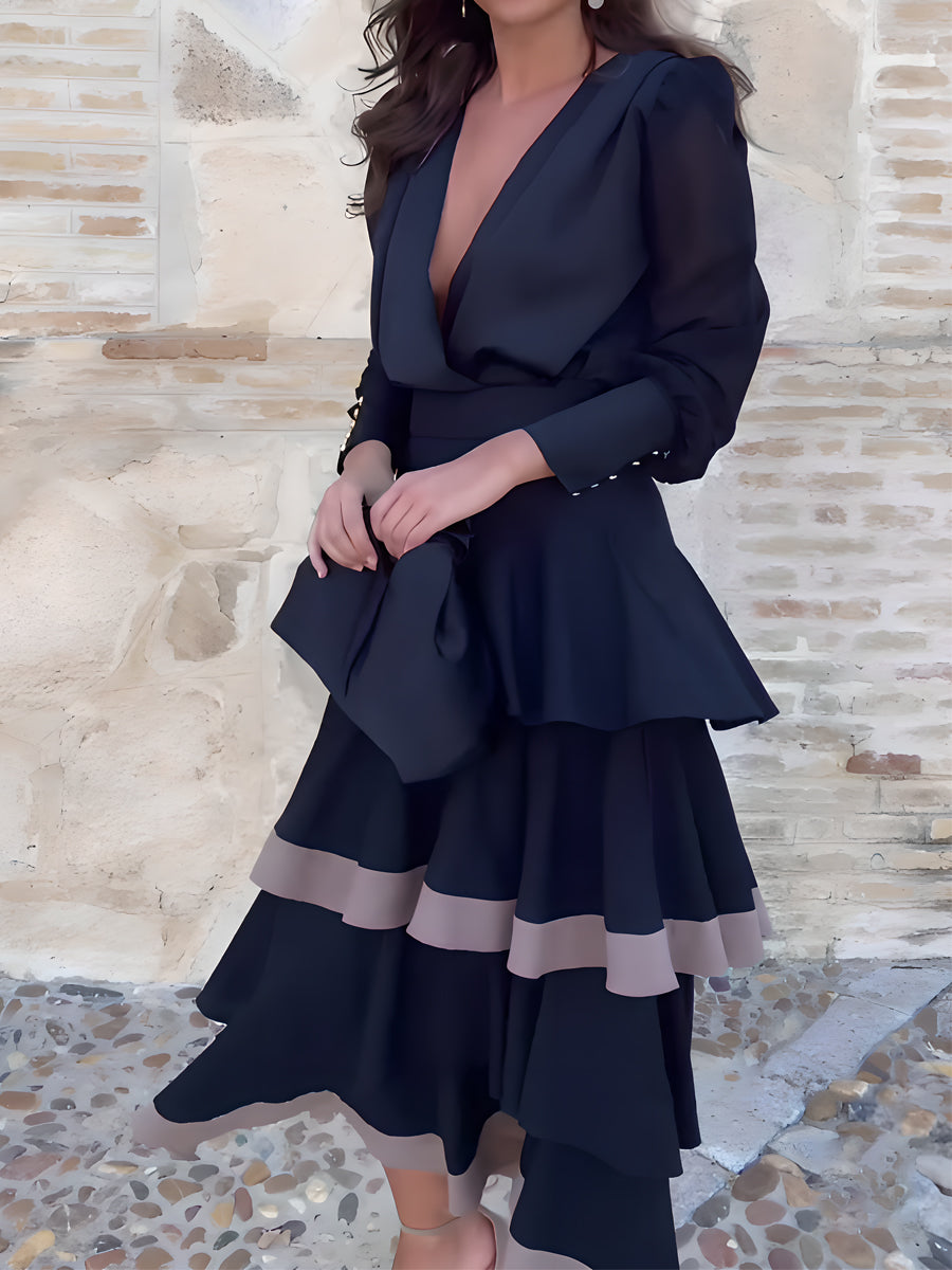 Elegant Deep V Neck Flouced Two Pieces Dress