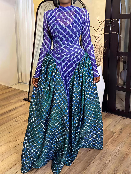Printed Long Sleeve Patchwork Maxi Dress