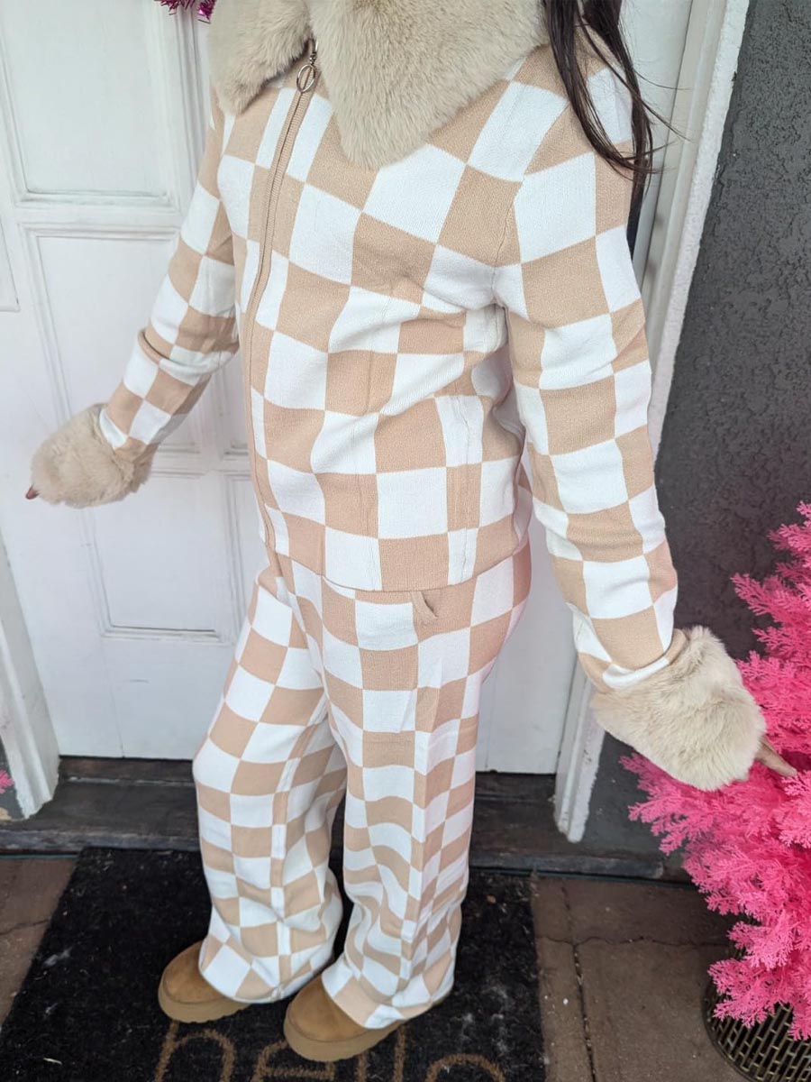 Fur Collar Color Block Two Pieces Set