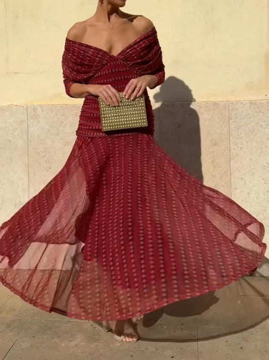 Elegant Printed Deep V Neck See-through Dress