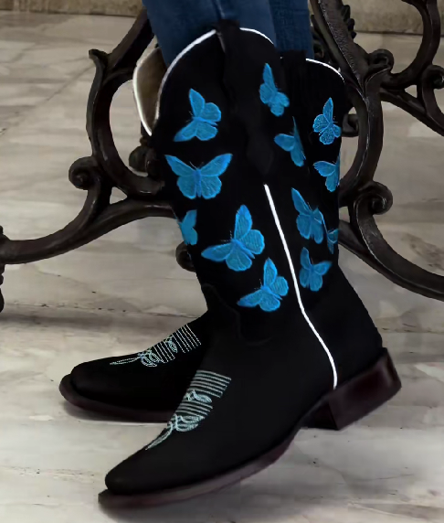 Butterfly Embroidered Western Cowboy Boots