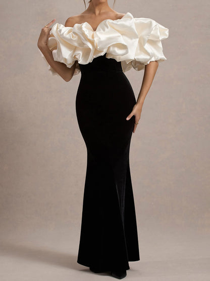 Ruffled Trim Patchwork Stretch Velvet Maxi Dress