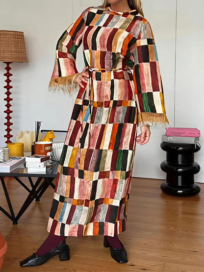 Tassel-Trim Cuff Printed Maxi Dress