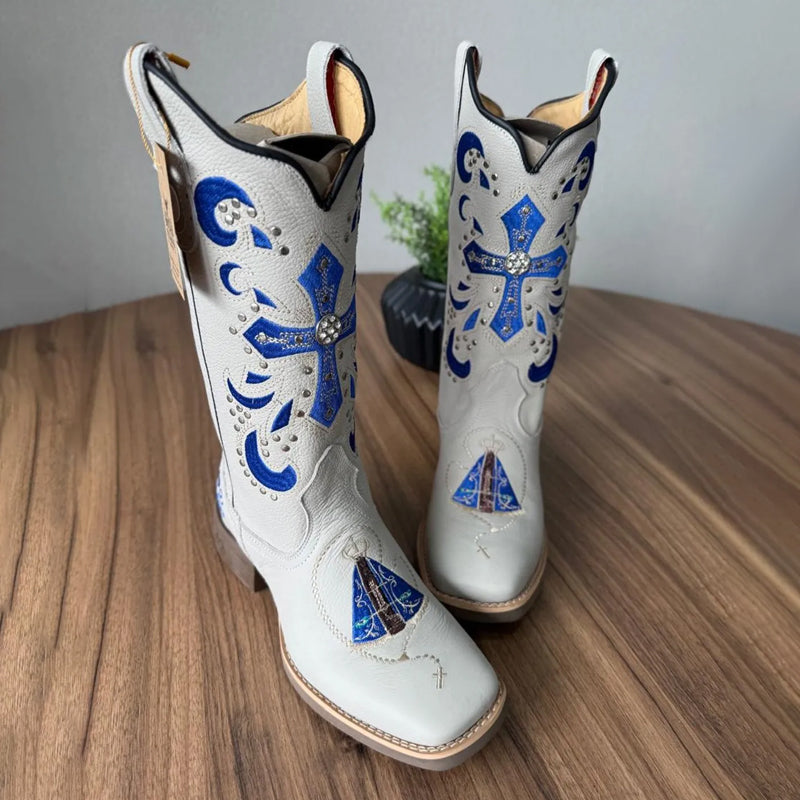 Embroidered Square-toed Boots