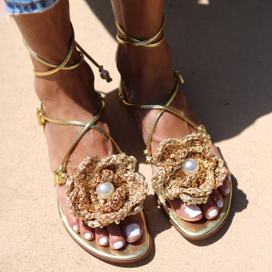 Faux Pearls Crochet Flower Flat Slippers