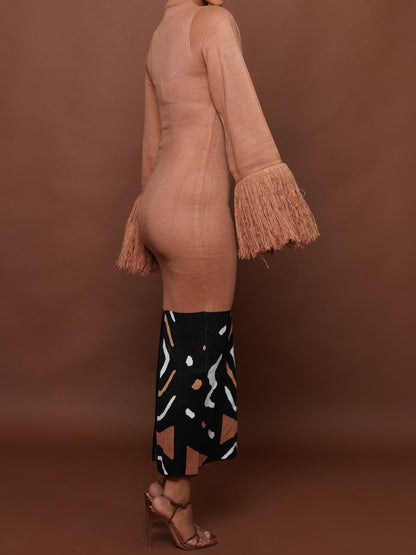 Printed Patchwork Fringed Knit Maxi Dress