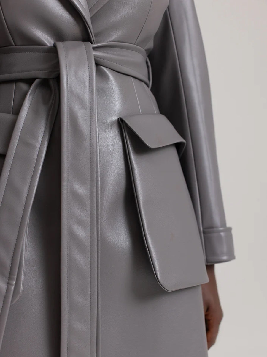 Faux Leather Oversized Front Flap Pockets Trench Coat