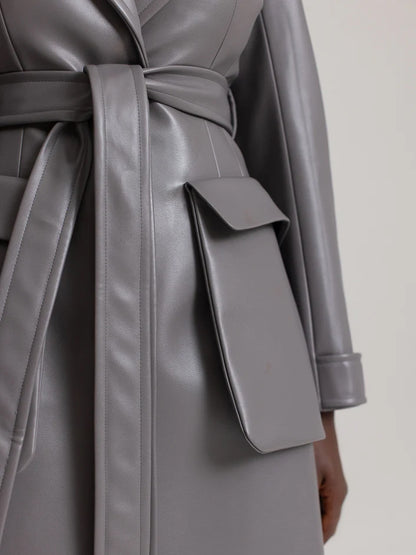 Faux Leather Oversized Front Flap Pockets Trench Coat