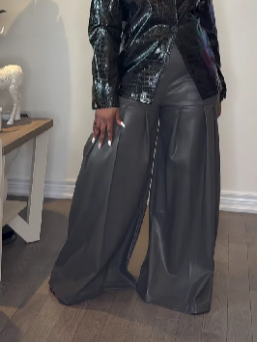 Pleated Faux Leather Wide Leg Pants