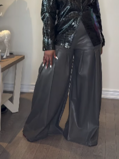 Pleated Faux Leather Wide Leg Pants