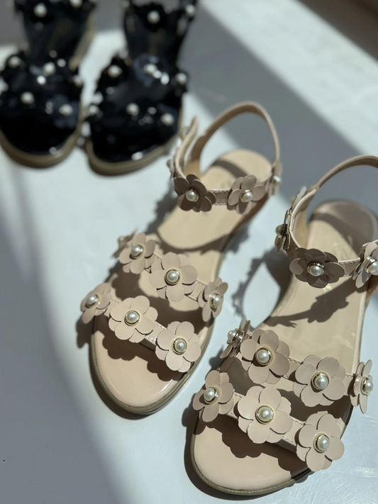 Floral Pearl-Embellished Flat Sandals