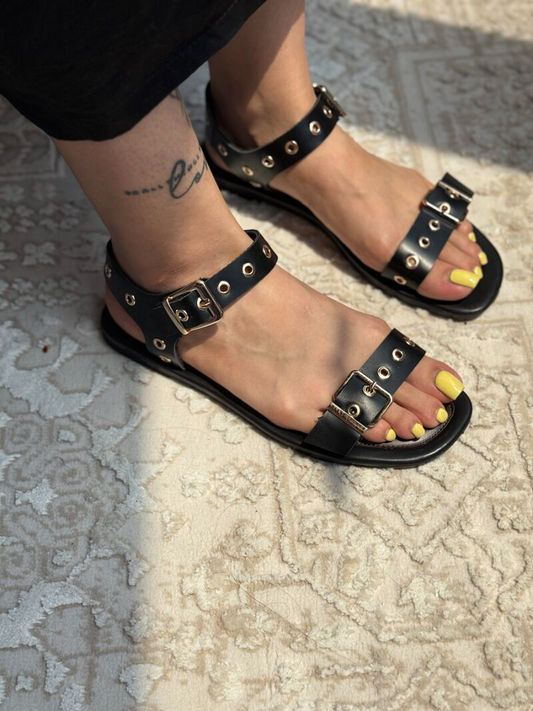 Perforated-Eye Metal-Buckle Flat Sandals