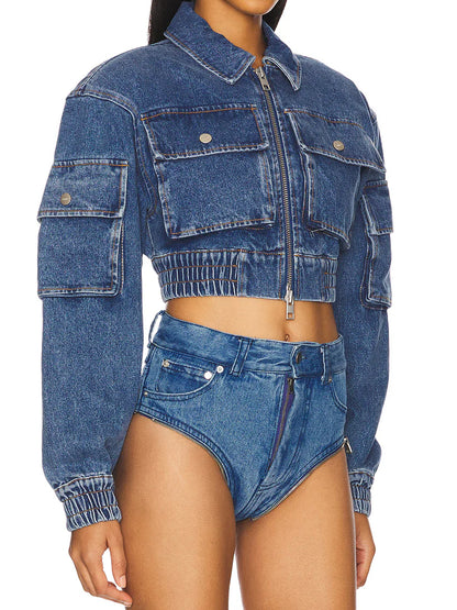 Denim Pockets Zip Up Cropped Jacket