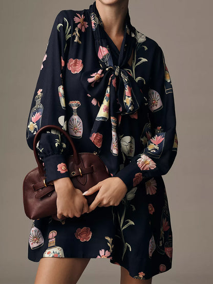 Adjustable Tie-neck Printed Loose Mini Dress