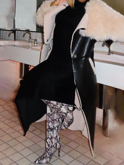 Faux Leather Faux Sherpa Trim Trench Coat