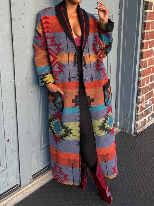 Multicolor Placement Print Long Coat