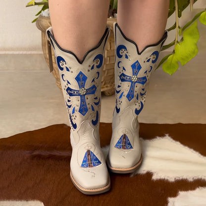 Embroidered Square-toed Boots