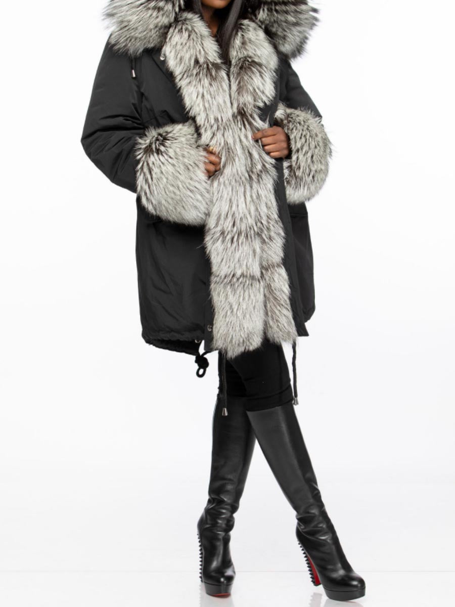Faux Fox Fur Warm Hooded Collar Fur Coat