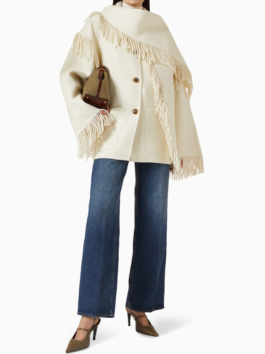 Fringed Trims High Neck Jacket With Attached Scarf