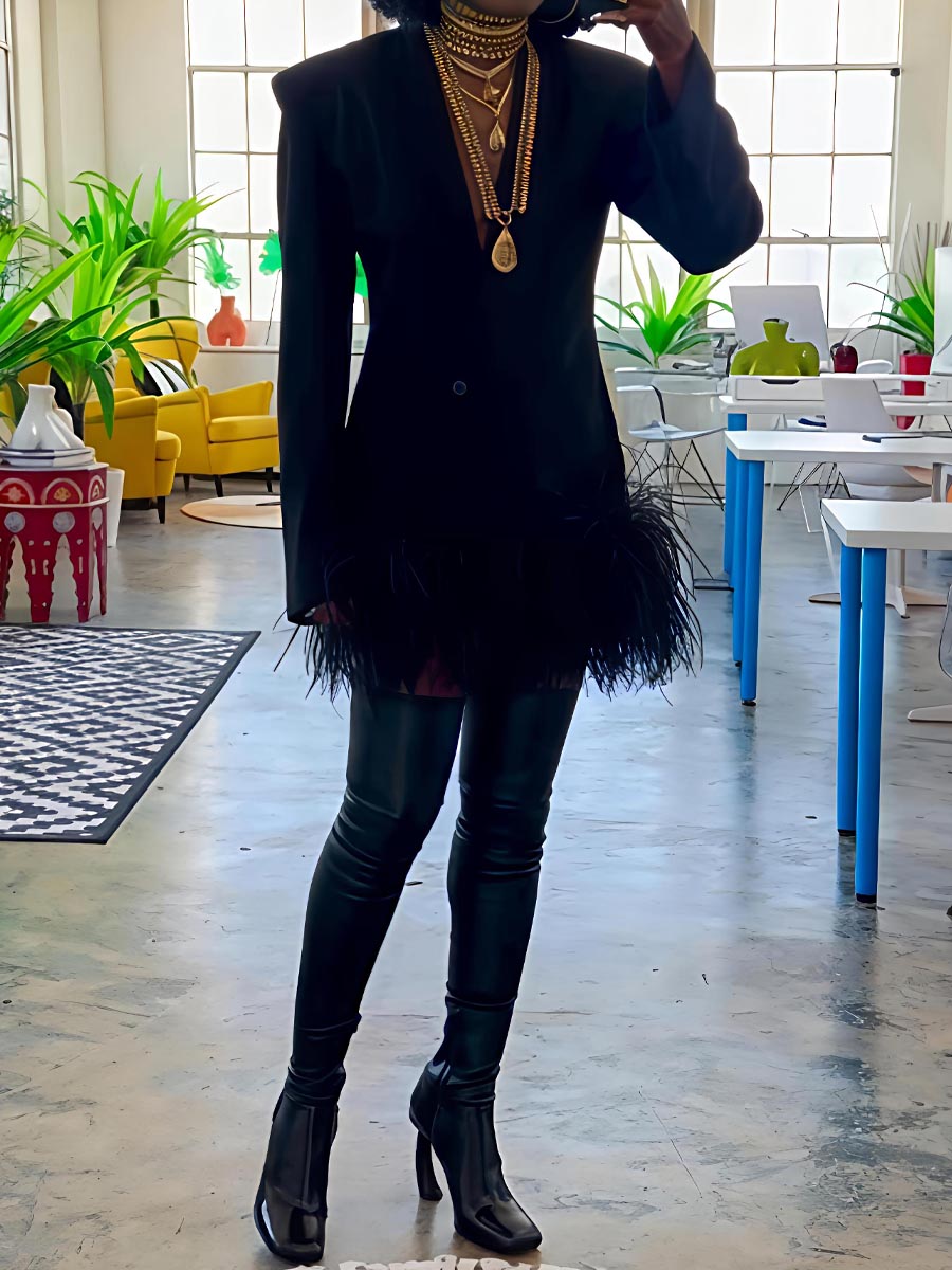 Feather Trim Button Front Blazer Dress