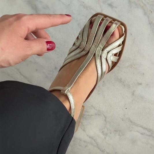 Square-toe Cut-out Woven Thick-heeled Roman Sandals