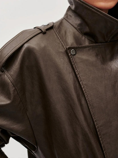 Tie Asymmetric Faux Leather Bomber Jacket