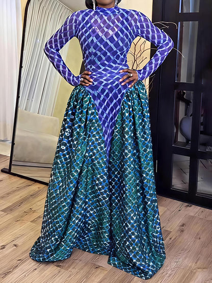 Printed Long Sleeve Patchwork Maxi Dress