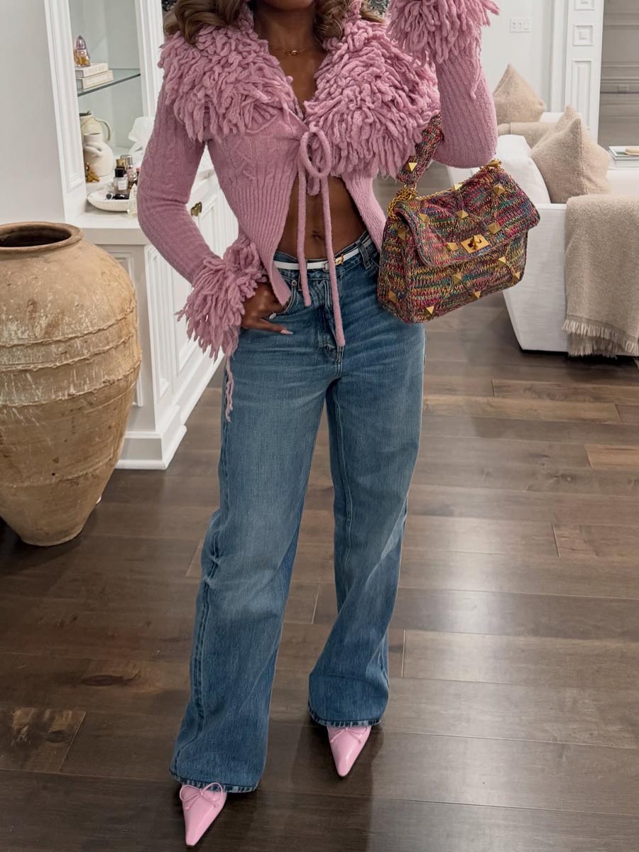 Knit Fringed Deep V Neck Top