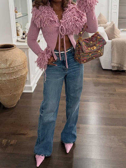 Knit Fringed Deep V Neck Top