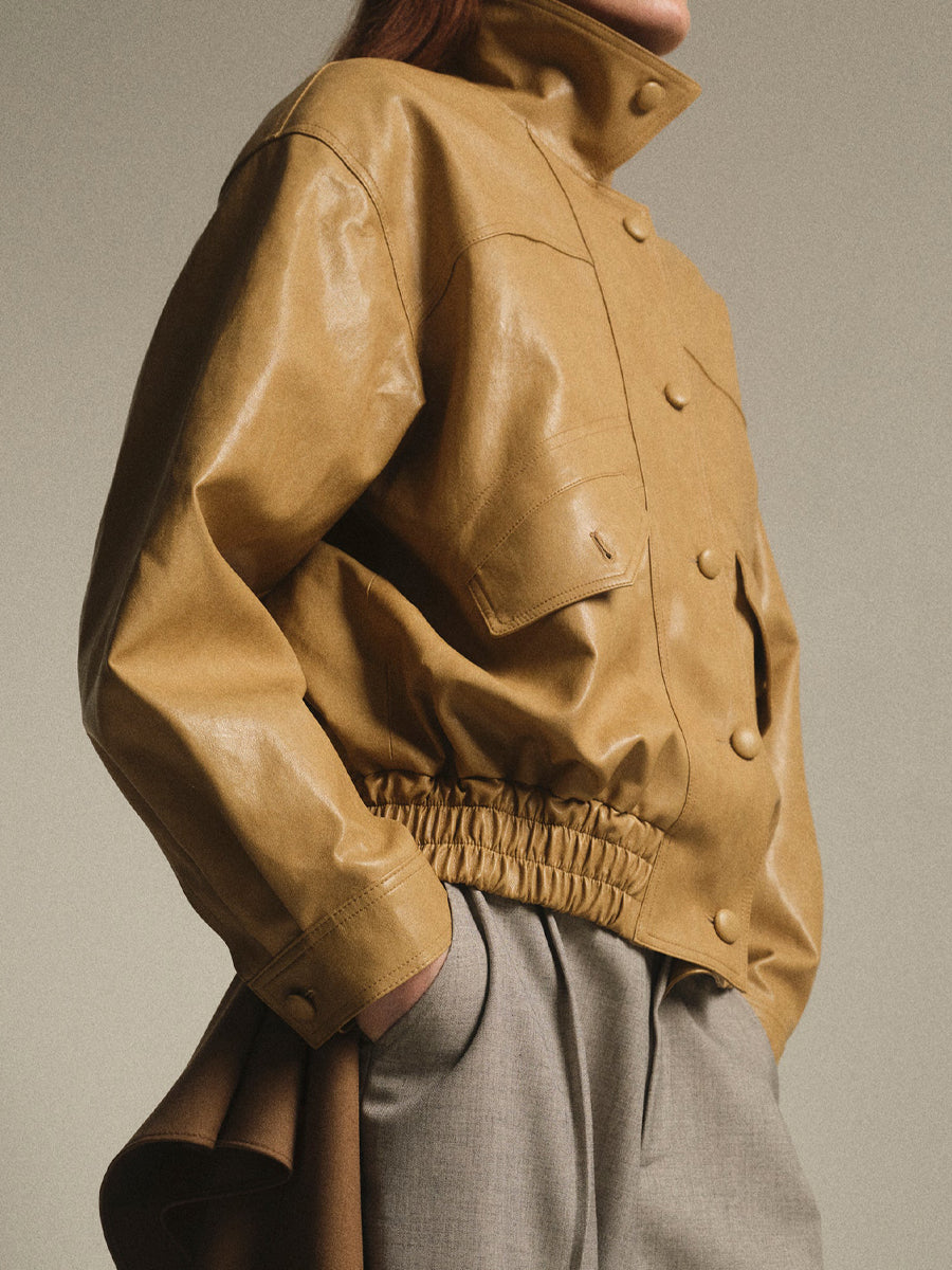 PU Dropped Shoulders Stand Collar Jacket