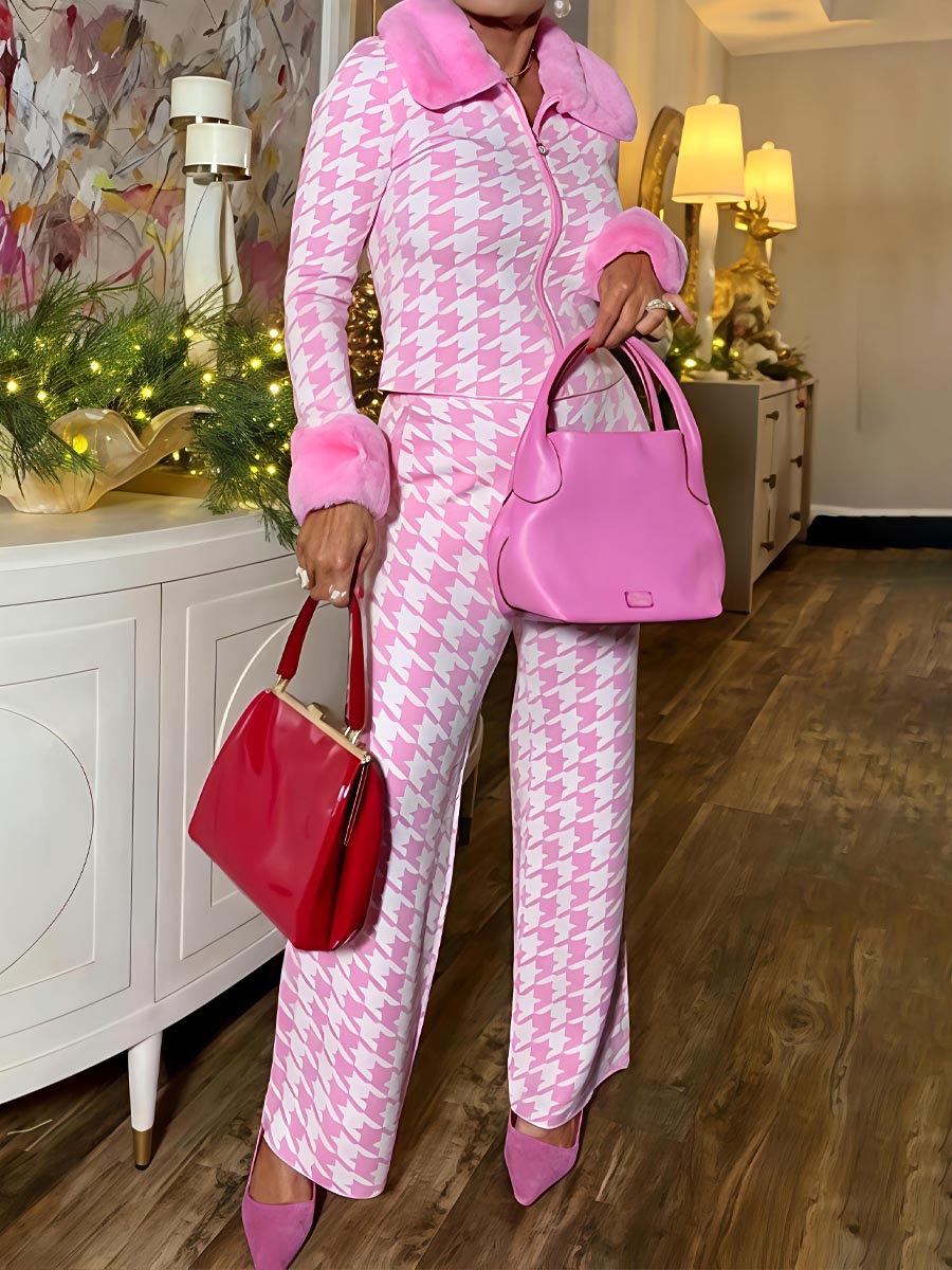 Fur Collar Color Block Two Pieces Set